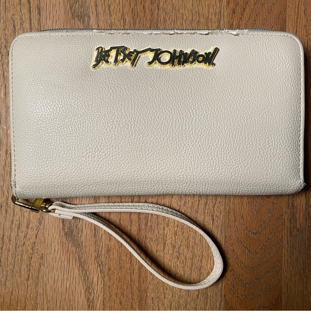 Betsey Johnson Gold Emblem Cream Faux Leather Long Wristlet Wallet